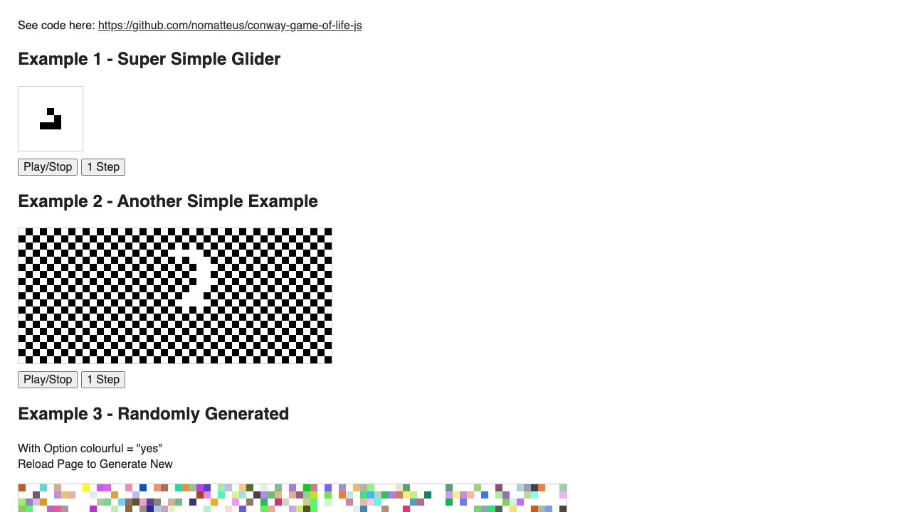 Conway Game of Life JS gameplay screenshot